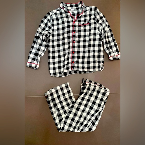 Hanna Andersson Pajamas Adult L Black White Plaid‎ Button Down Set Pants Pockets - Picture 1 of 11